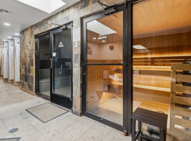 Sauna and steam room entrance in the recovery area at Peak Health & Wellness Coeur d'Alene.