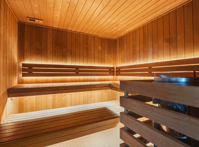 Interior of the wooden sauna in the recovery area at Peak Health & Wellness Hayden.