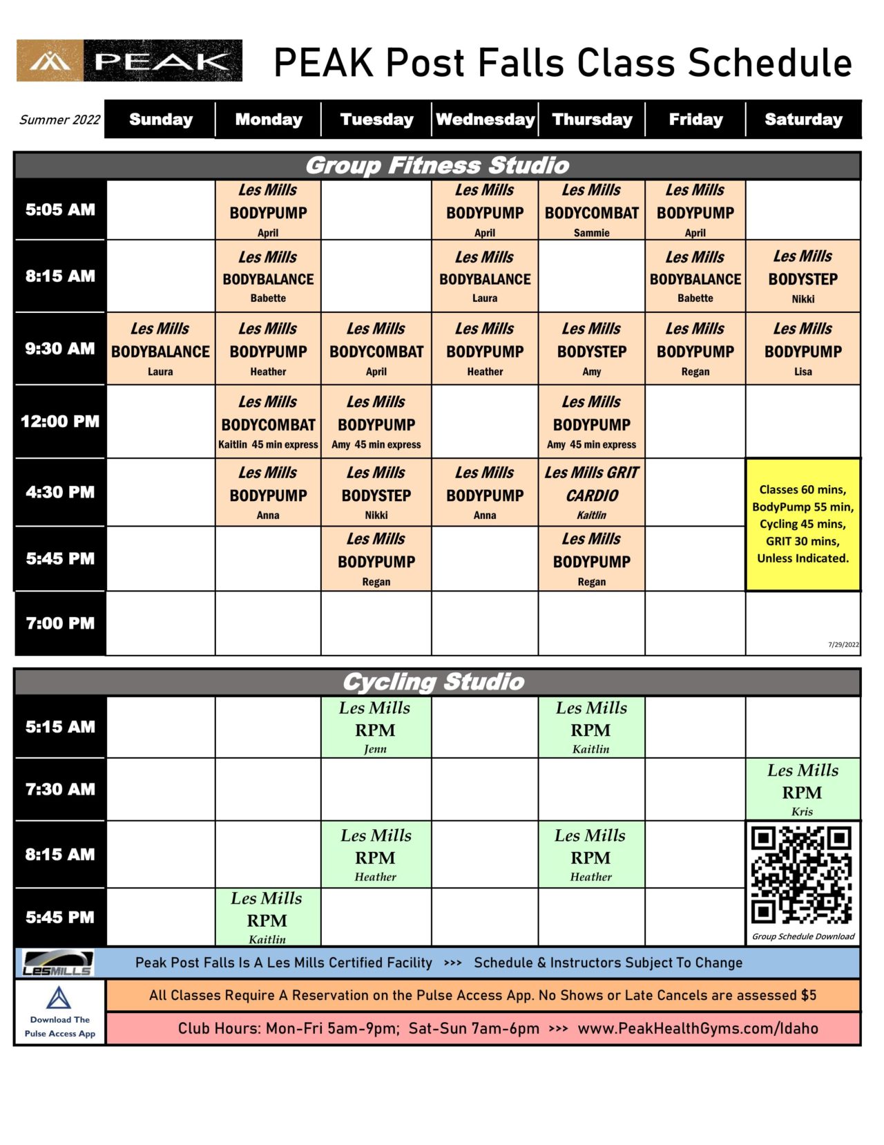 Group Class Schedule Peak Health And Wellness Center 