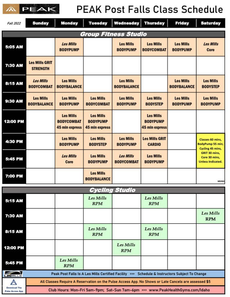 september group class schedule post falls idaho gym