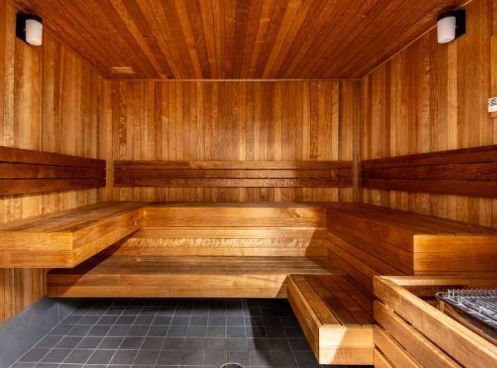 Wooden sauna in the recovery area at Peak Health & Wellness Post Falls.